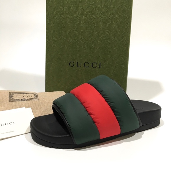 GUCCI PADDED WEB SLIDE SANDALS -GREEN / RED PUFFER NYLON -WOMEN’S US 9 -NEW - Picture 2 of 7
